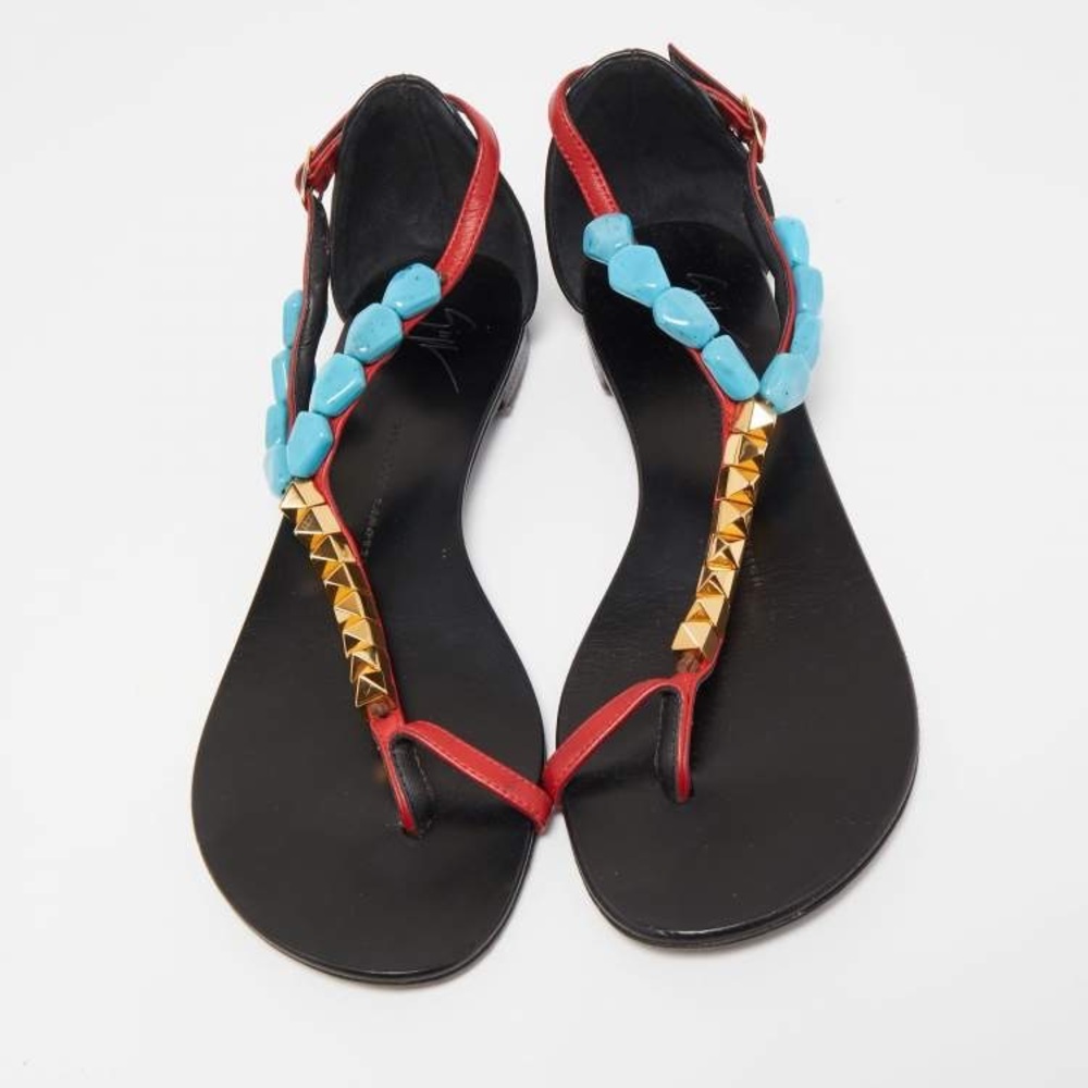 Giuseppe Zanotti Red/Black Leather Turquoise Beaded Ankle Strap Thong Sandals